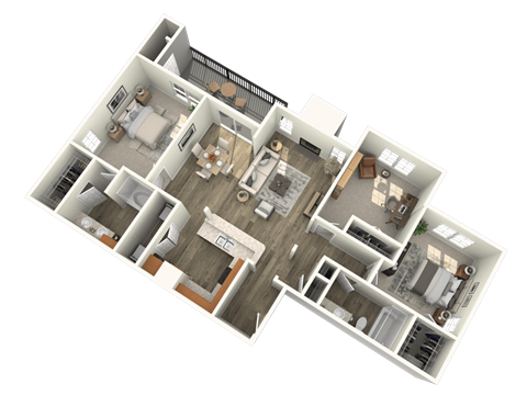A 3D floor plan of a house with multiple rooms and furniture.